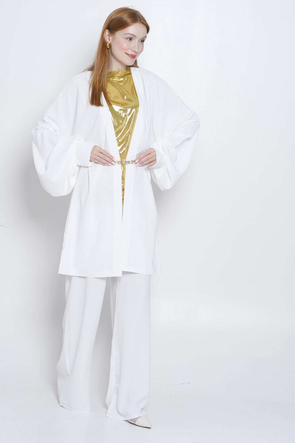 Elegant White Silk Crepe Satin Suit with Gold Metallic Top